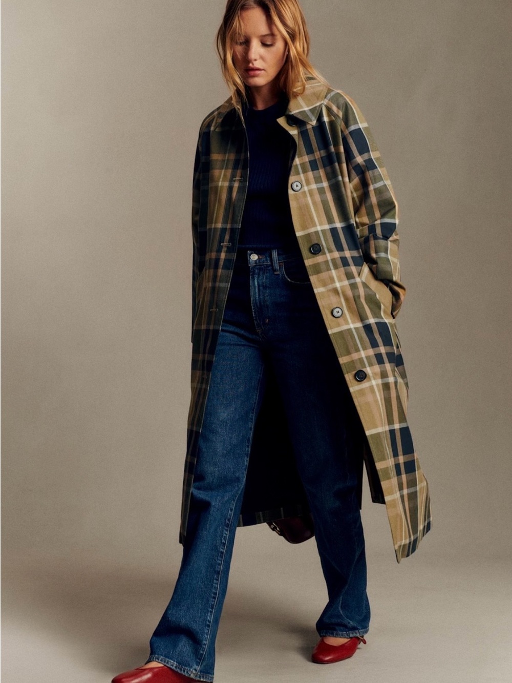 Sezane Clyde Plaid Long Trench Coat in Beige and Moss Green Checks, size 34.